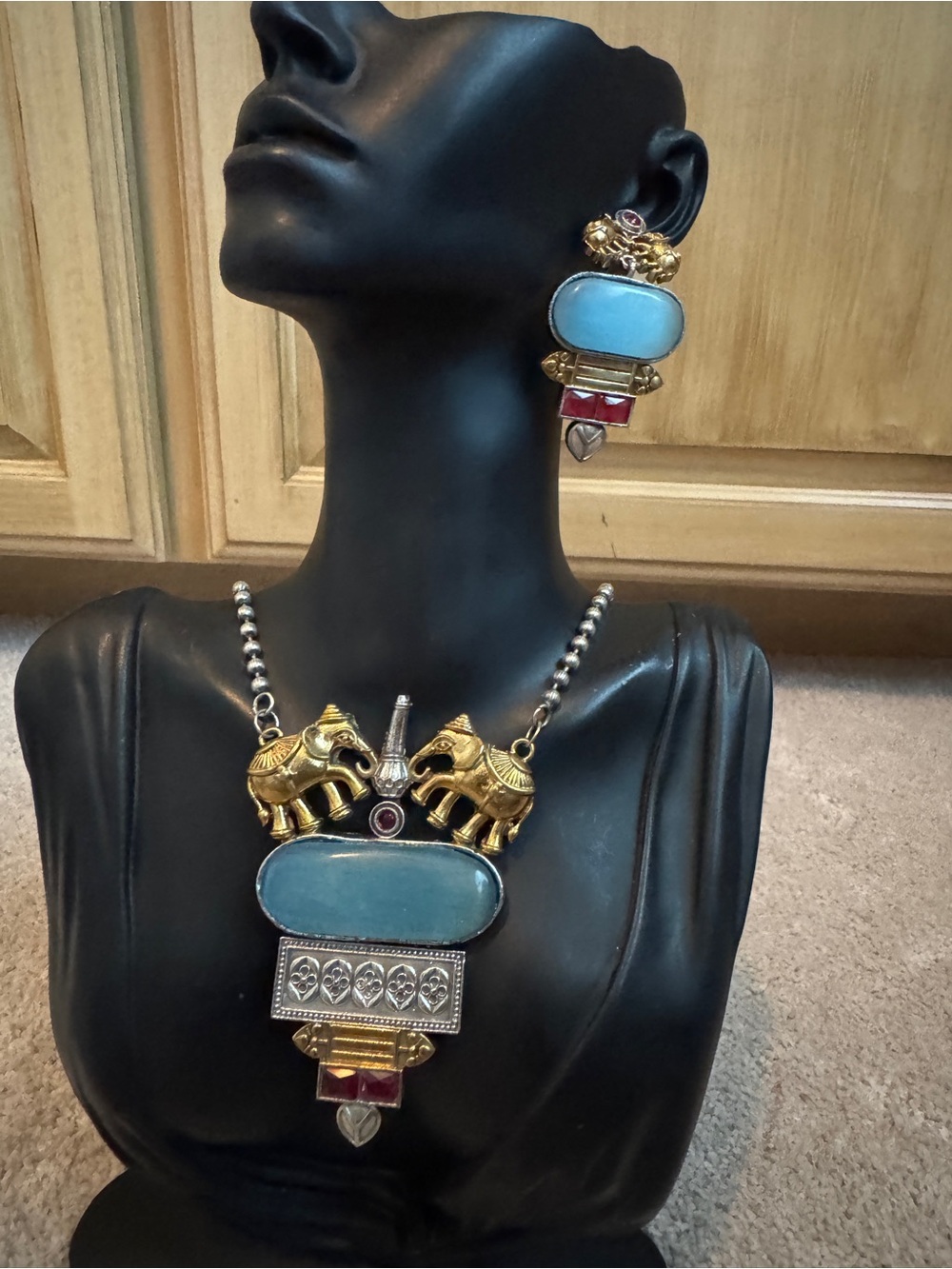 Gold-Tone Elephant Statement Necklace with Turquoise Accent